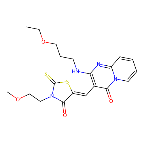 2-[(3-ethoxypropyl)amino]-3-{(Z)-[3-(2-methoxyethyl)-4-oxo-2-thioxo-1,3-thiazolidin-5-ylidene]methyl}-4H-pyrido[1,2-a]pyrimidin-4-one structure