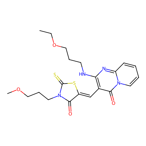 2-[(3-ethoxypropyl)amino]-3-{(Z)-[3-(3-methoxypropyl)-4-oxo-2-thioxo-1,3-thiazolidin-5-ylidene]methyl}-4H-pyrido[1,2-a]pyrimidin-4-one structure