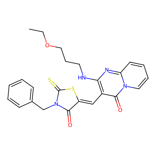 3-[(Z)-(3-benzyl-4-oxo-2-thioxo-1,3-thiazolidin-5-ylidene)methyl]-2-[(3-ethoxypropyl)amino]-4H-pyrido[1,2-a]pyrimidin-4-one structure
