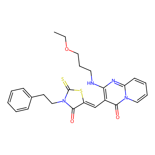 2-[(3-ethoxypropyl)amino]-3-{(Z)-[4-oxo-3-(2-phenylethyl)-2-thioxo-1,3-thiazolidin-5-ylidene]methyl}-4H-pyrido[1,2-a]pyrimidin-4-one structure
