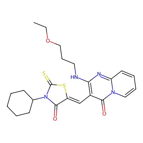 3-[(Z)-(3-cyclohexyl-4-oxo-2-thioxo-1,3-thiazolidin-5-ylidene)methyl]-2-[(3-ethoxypropyl)amino]-4H-pyrido[1,2-a]pyrimidin-4-one structure