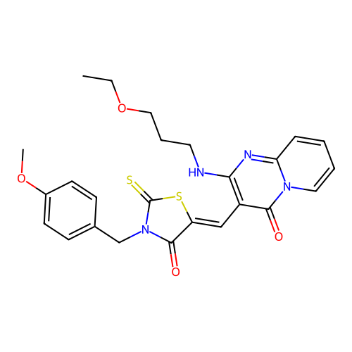 2-[(3-ethoxypropyl)amino]-3-{(Z)-[3-(4-methoxybenzyl)-4-oxo-2-thioxo-1,3-thiazolidin-5-ylidene]methyl}-4H-pyrido[1,2-a]pyrimidin-4-one structure