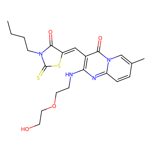 3-[(Z)-(3-butyl-4-oxo-2-thioxo-1,3-thiazolidin-5-ylidene)methyl]-2-{[2-(2-hydroxyethoxy)ethyl]amino}-7-methyl-4H-pyrido[1,2-a]pyrimidin-4-one structure