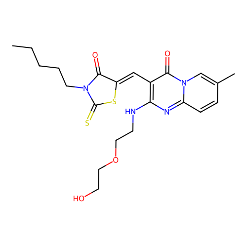 2-{[2-(2-hydroxyethoxy)ethyl]amino}-7-methyl-3-[(Z)-(4-oxo-3-pentyl-2-thioxo-1,3-thiazolidin-5-ylidene)methyl]-4H-pyrido[1,2-a]pyrimidin-4-one structure