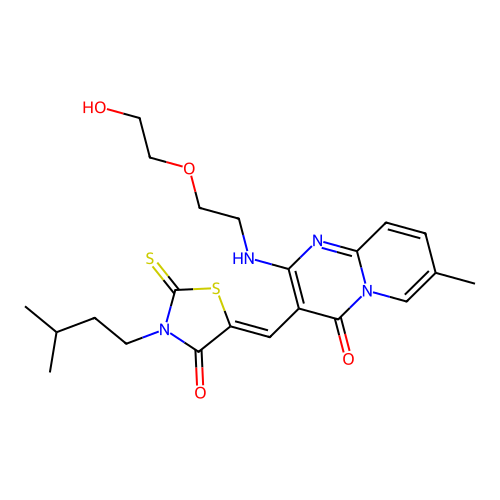 2-{[2-(2-hydroxyethoxy)ethyl]amino}-7-methyl-3-{(Z)-[3-(3-methylbutyl)-4-oxo-2-thioxo-1,3-thiazolidin-5-ylidene]methyl}-4H-pyrido[1,2-a]pyrimidin-4-one structure