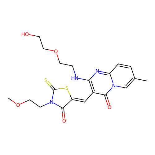 (Z)-5-((2-((2-(2-hydroxyethoxy)ethyl)amino)-7-methyl-4-oxo-4H-pyrido[1,2-a]pyrimidin-3-yl)methylene)-3-(2-methoxyethyl)-2-thioxothiazolidin-4-one structure