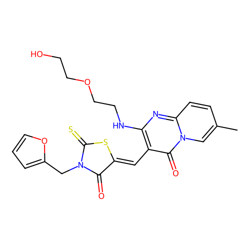 (Z)-3-(furan-2-ylmethyl)-5-((2-((2-(2-hydroxyethoxy)ethyl)amino)-7-methyl-4-oxo-4H-pyrido[1,2-a]pyrimidin-3-yl)methylene)-2-thioxothiazolidin-4-one structure