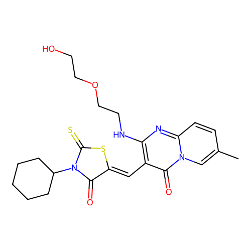 3-[(Z)-(3-cyclohexyl-4-oxo-2-thioxo-1,3-thiazolidin-5-ylidene)methyl]-2-{[2-(2-hydroxyethoxy)ethyl]amino}-7-methyl-4H-pyrido[1,2-a]pyrimidin-4-one structure