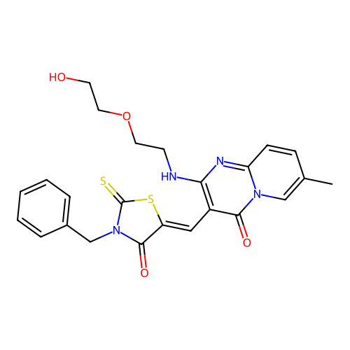 3-[(Z)-(3-benzyl-4-oxo-2-thioxo-1,3-thiazolidin-5-ylidene)methyl]-2-{[2-(2-hydroxyethoxy)ethyl]amino}-7-methyl-4H-pyrido[1,2-a]pyrimidin-4-one structure