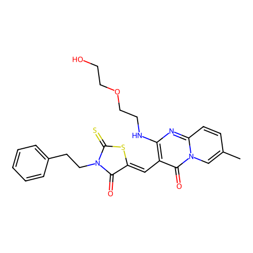 2-{[2-(2-hydroxyethoxy)ethyl]amino}-7-methyl-3-{(Z)-[4-oxo-3-(2-phenylethyl)-2-thioxo-1,3-thiazolidin-5-ylidene]methyl}-4H-pyrido[1,2-a]pyrimidin-4-one structure