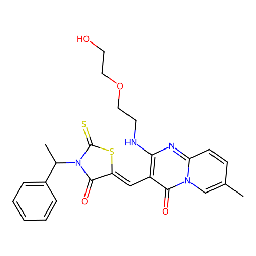 2-{[2-(2-hydroxyethoxy)ethyl]amino}-7-methyl-3-{(Z)-[4-oxo-3-(1-phenylethyl)-2-thioxo-1,3-thiazolidin-5-ylidene]methyl}-4H-pyrido[1,2-a]pyrimidin-4-one structure