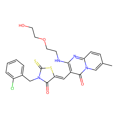 3-{(Z)-[3-(2-chlorobenzyl)-4-oxo-2-thioxo-1,3-thiazolidin-5-ylidene]methyl}-2-{[2-(2-hydroxyethoxy)ethyl]amino}-7-methyl-4H-pyrido[1,2-a]pyrimidin-4-one structure