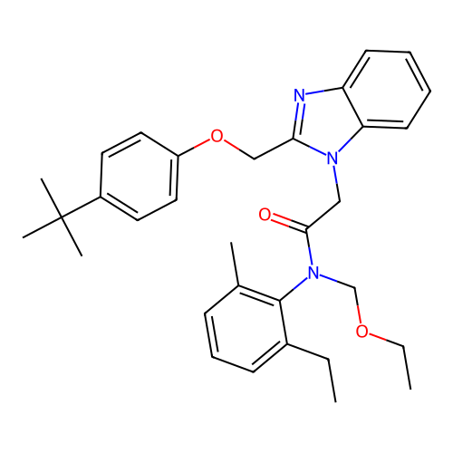 2-(2-((4-(tert-butyl)phenoxy)methyl)-1H-benzo[d]imidazol-1-yl)-N-(ethoxymethyl)-N-(2-ethyl-6-methylphenyl)acetamide structure
