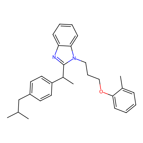 1-[3-(2-methylphenoxy)propyl]-2-[1-[4-(2-methylpropyl)phenyl]ethyl]benzimidazole structure