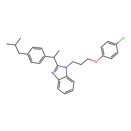 1-(3-(4-chlorophenoxy)propyl)-2-(1-(4-isobutylphenyl)ethyl)-1H-benzo[d]imidazole structure