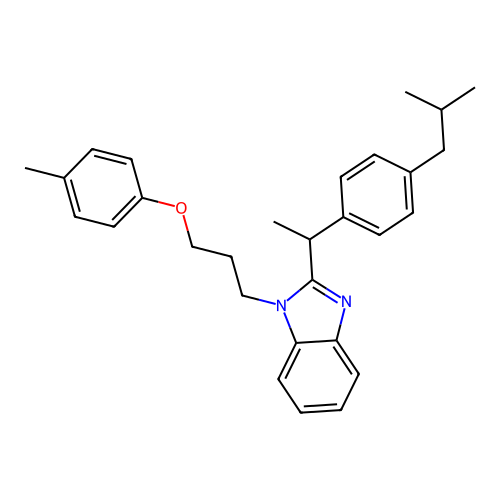 1-[3-(4-methylphenoxy)propyl]-2-[1-[4-(2-methylpropyl)phenyl]ethyl]benzimidazole structure