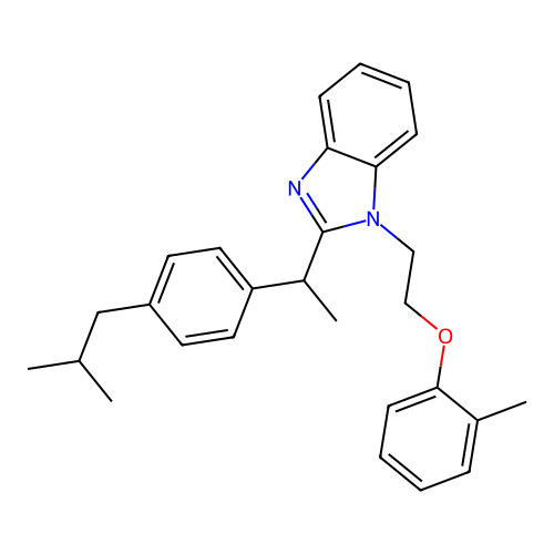 1-[2-(2-methylphenoxy)ethyl]-2-[1-[4-(2-methylpropyl)phenyl]ethyl]benzimidazole structure