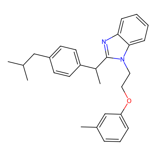 1-[2-(3-methylphenoxy)ethyl]-2-[1-[4-(2-methylpropyl)phenyl]ethyl]benzimidazole structure