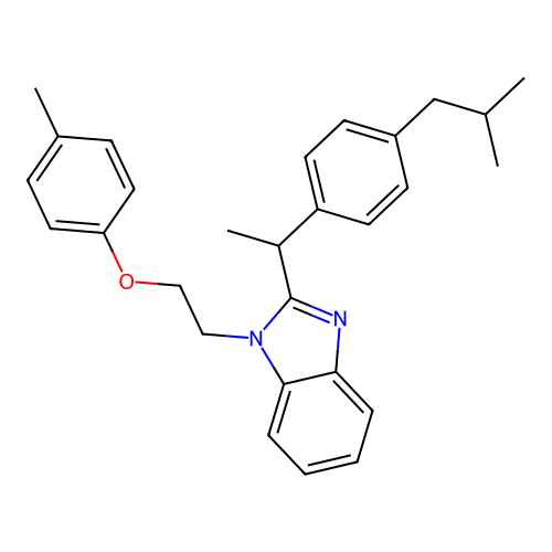 1-[2-(4-methylphenoxy)ethyl]-2-[1-[4-(2-methylpropyl)phenyl]ethyl]benzimidazole structure