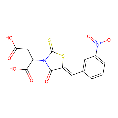 (Z)-2-(5-(3-nitrobenzylidene)-4-oxo-2-thioxothiazolidin-3-yl)succinic acid structure