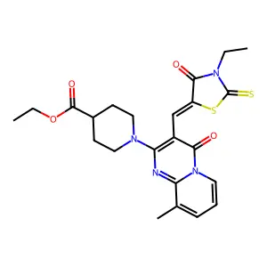ethyl 1-{3-[(Z)-(3-ethyl-4-oxo-2-thioxo-1,3-thiazolidin-5-ylidene)methyl]-9-methyl-4-oxo-4H-pyrido[1,2-a]pyrimidin-2-yl}piperidine-4-carboxylate structure