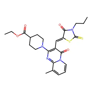 ethyl 1-{9-methyl-4-oxo-3-[(Z)-(4-oxo-3-propyl-2-thioxo-1,3-thiazolidin-5-ylidene)methyl]-4H-pyrido[1,2-a]pyrimidin-2-yl}piperidine-4-carboxylate structure