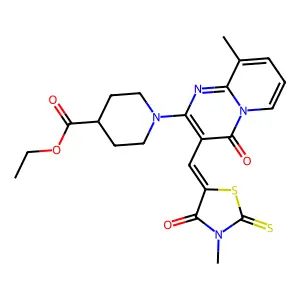 ethyl 1-{9-methyl-3-[(Z)-(3-methyl-4-oxo-2-thioxo-1,3-thiazolidin-5-ylidene)methyl]-4-oxo-4H-pyrido[1,2-a]pyrimidin-2-yl}piperidine-4-carboxylate structure