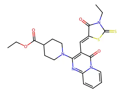 ethyl 1-{3-[(Z)-(3-ethyl-4-oxo-2-thioxo-1,3-thiazolidin-5-ylidene)methyl]-4-oxo-4H-pyrido[1,2-a]pyrimidin-2-yl}piperidine-4-carboxylate structure