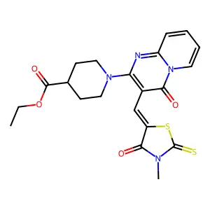 ethyl 1-{3-[(Z)-(3-methyl-4-oxo-2-thioxo-1,3-thiazolidin-5-ylidene)methyl]-4-oxo-4H-pyrido[1,2-a]pyrimidin-2-yl}piperidine-4-carboxylate structure