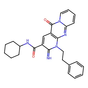 N-cyclohexyl-2-imino-5-oxo-1-(2-phenylethyl)-1,5-dihydro-2H-dipyrido[1,2-a:2',3'-d]pyrimidine-3-carboxamide structure