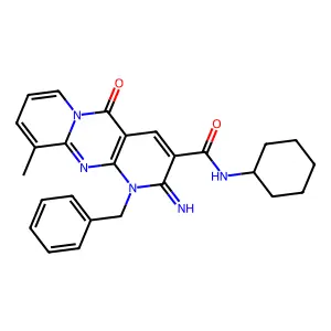 1-benzyl-N-cyclohexyl-2-imino-10-methyl-5-oxodipyrido[4,3-b:1'',2''-f]pyrimidine-3-carboxamide structure