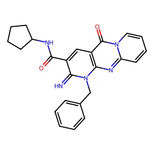 1-benzyl-N-cyclopentyl-2-imino-5-keto-dipyrido[1,2-e:4'',3''-f]pyrimidine-3-carboxamide structure