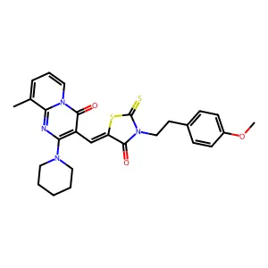 3-[(Z)-{3-[2-(4-methoxyphenyl)ethyl]-4-oxo-2-thioxo-1,3-thiazolidin-5-ylidene}methyl]-9-methyl-2-(piperidin-1-yl)-4H-pyrido[1,2-a]pyrimidin-4-one structure