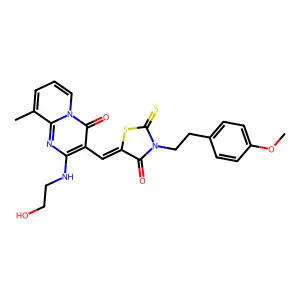 2-[(2-hydroxyethyl)amino]-3-({3-[2-(4-methoxyphenyl)ethyl]-4-oxo-2-thioxo-1,3-thiazolidin-5-ylidene}methyl)-9-methyl-4H-pyrido[1,2-a]pyrimidin-4-one structure