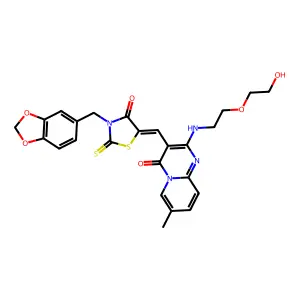 3-{(Z)-[3-(1,3-benzodioxol-5-ylmethyl)-4-oxo-2-thioxo-1,3-thiazolidin-5-ylidene]methyl}-2-{[2-(2-hydroxyethoxy)ethyl]amino}-7-methyl-4H-pyrido[1,2-a]pyrimidin-4-one structure