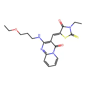 2-[(3-ethoxypropyl)amino]-3-[(Z)-(3-ethyl-4-oxo-2-thioxo-1,3-thiazolidin-5-ylidene)methyl]-4H-pyrido[1,2-a]pyrimidin-4-one structure