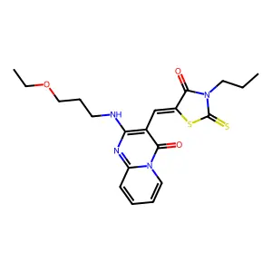 2-[(3-ethoxypropyl)amino]-3-[(Z)-(4-oxo-3-propyl-2-thioxo-1,3-thiazolidin-5-ylidene)methyl]-4H-pyrido[1,2-a]pyrimidin-4-one structure