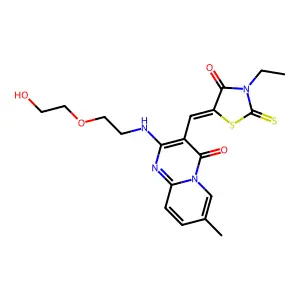 (Z)-3-ethyl-5-((2-((2-(2-hydroxyethoxy)ethyl)amino)-7-methyl-4-oxo-4H-pyrido[1,2-a]pyrimidin-3-yl)methylene)-2-thioxothiazolidin-4-one structure