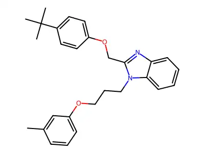 2-((4-(tert-butyl)phenoxy)methyl)-1-(3-(m-tolyloxy)propyl)-1H-benzo[d]imidazole structure
