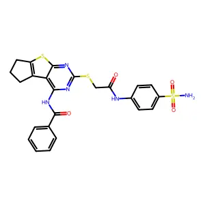 2-[4-(phenylcarbonylamino)(5,6,7-trihydrocyclopenta[1,2-d]pyrimidino[4,5-b]thi ophen-2-ylthio)]-N-(4-sulfamoylphenyl)acetamide structure