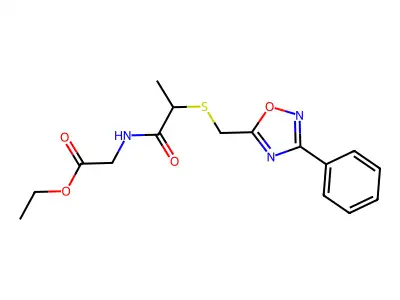 Ethyl 2-(S-(3-phenyl-1,2,4-oxadiazol-5-yl)methyl)thiopropionylglycinate structure