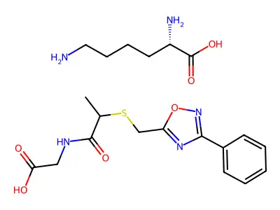 L-Lysine salt of 2-(S-(3-phenyl-1,2,4-oxadiazol-5-yl)methyl)thiopropionylglycine structure