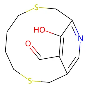 11-hydroxy-3,8-dithia-14-azabicyclo[8.2.2]tetradeca-1(13),10(14),11-triene-12-carbaldehyde structure