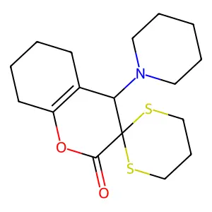 4'-piperidin-1-ylspiro[1,3-dithiane-2,3'-5,6,7,8-tetrahydro-4H-chromene]-2'-one structure