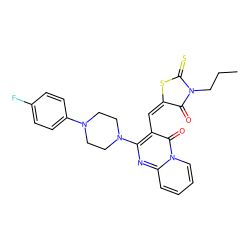 (E)-5-((2-(4-(4-fluorophenyl)piperazin-1-yl)-4-oxo-4H-pyrido[1,2-a]pyrimidin-3-yl)methylene)-3-propyl-2-thioxothiazolidin-4-one structure