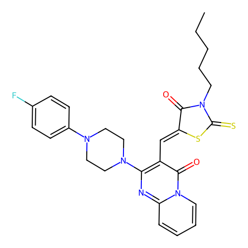 2-[4-(4-fluorophenyl)piperazin-1-yl]-3-[(Z)-(4-oxo-3-pentyl-2-thioxo-1,3-thiazolidin-5-ylidene)methyl]-4H-pyrido[1,2-a]pyrimidin-4-one structure