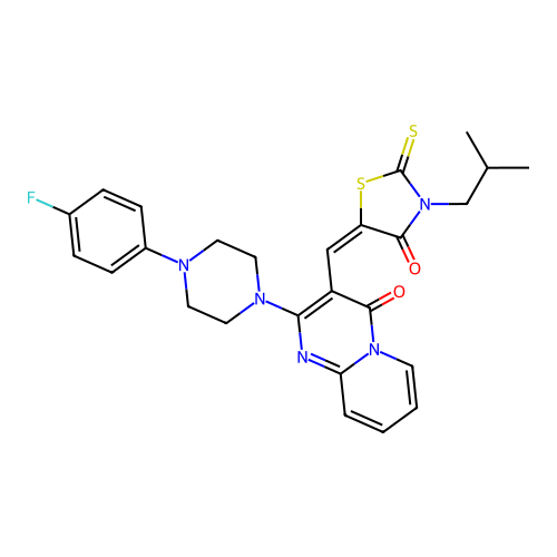 (E)-5-((2-(4-(4-fluorophenyl)piperazin-1-yl)-4-oxo-4H-pyrido[1,2-a]pyrimidin-3-yl)methylene)-3-isobutyl-2-thioxothiazolidin-4-one structure