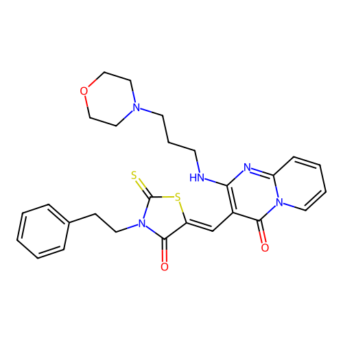 (Z)-5-((2-((3-morpholinopropyl)amino)-4-oxo-4H-pyrido[1,2-a]pyrimidin-3-yl)methylene)-3-phenethyl-2-thioxothiazolidin-4-one structure
