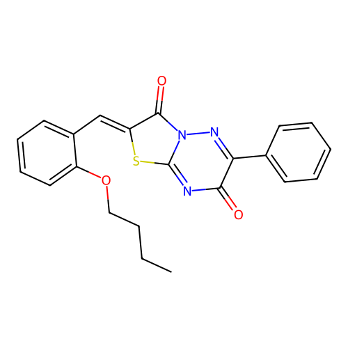 (Z)-2-(2-butoxybenzylidene)-6-phenyl-2H-thiazolo[3,2-b][1,2,4]triazine-3,7-dione structure