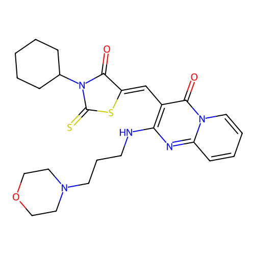 3-[(Z)-(3-cyclohexyl-4-oxo-2-thioxo-1,3-thiazolidin-5-ylidene)methyl]-2-[(3-morpholin-4-ylpropyl)amino]-4H-pyrido[1,2-a]pyrimidin-4-one structure
